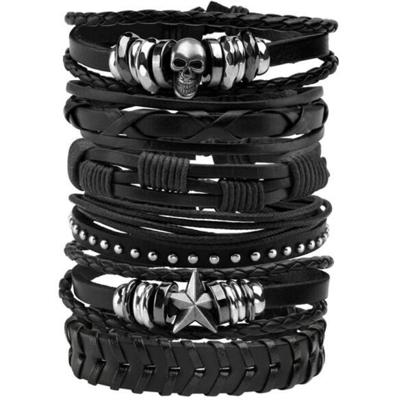 Punk Leather Bracelet Set Mens Womens Skull Braided Cuff Wristbands 6 Pack - Picture 1 of 7